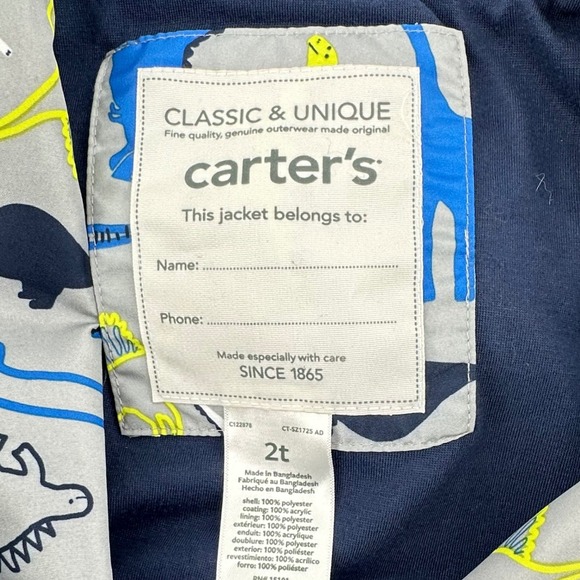 Carter's Dinosaur Print Windbreaker Jacket Kids 2T Gray Blue Raincoaat - Picture 3 of 7